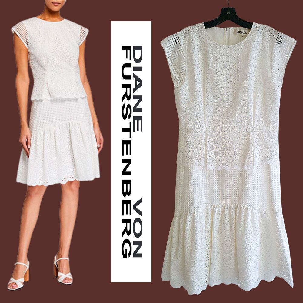 DIANE VON FURSTENBERG NEW ANNIKA Eyelet/Mesh Lithe Sleeve Mini Dress 12